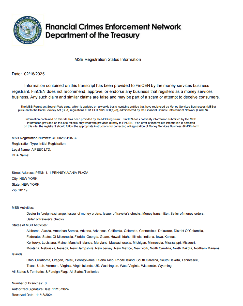 United States Financial Crimes Enforcement Network（FinCEN）