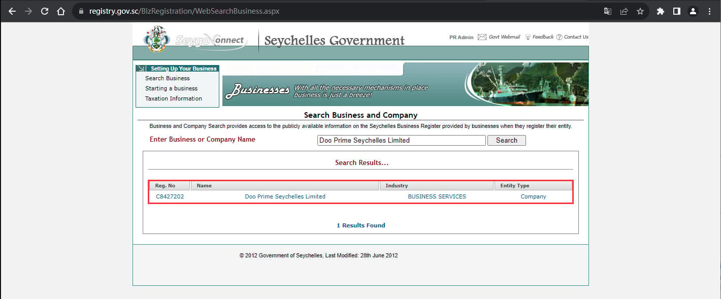 The official website shows the company registration information query