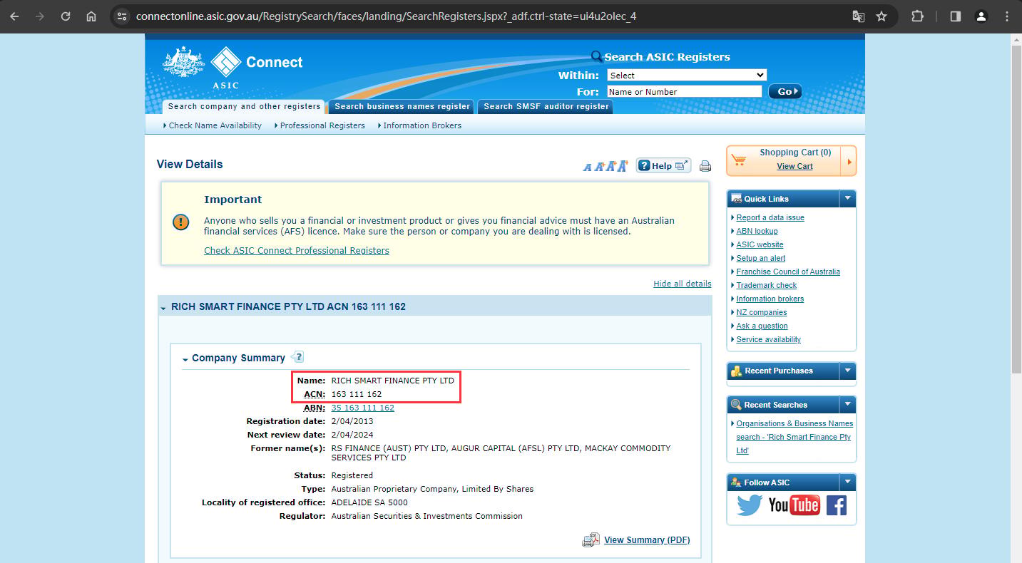 The regulatory information of 'RS Finance' by the Australian Securities and Investments Commission (ASIC)