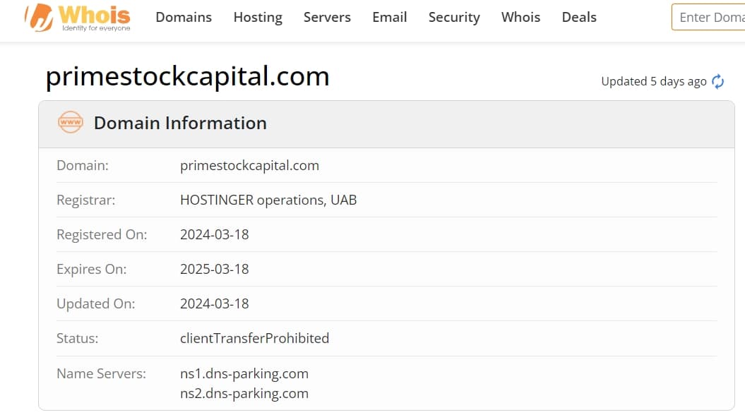 whois domain time of Primestockcapital