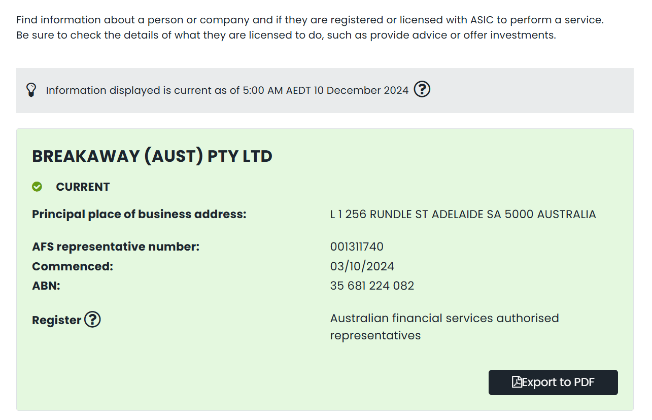 BREAKAWAY (AUST) PTY LTD ASIC