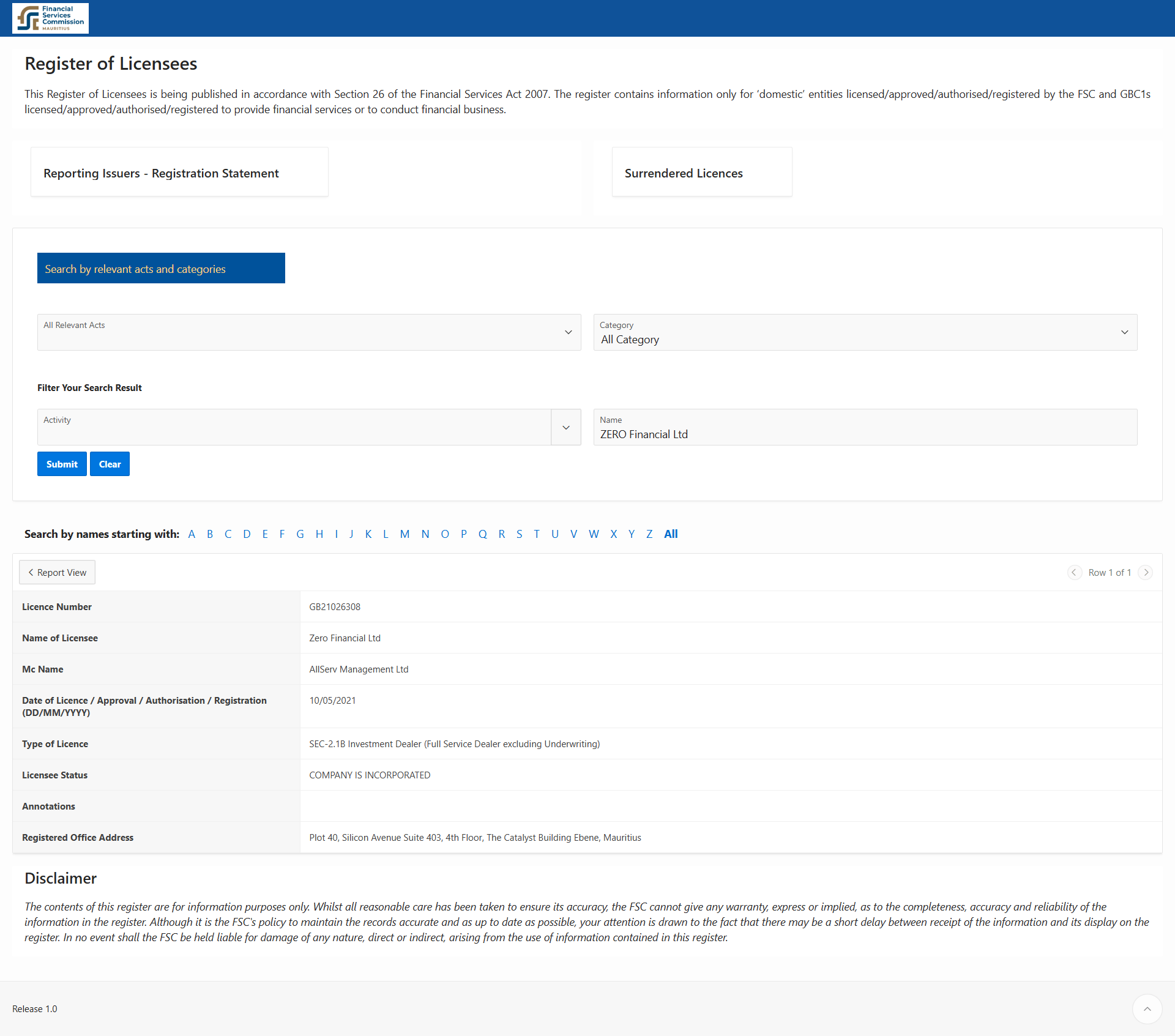 Financial Services Commission, Mauritius（FSC）Official Website