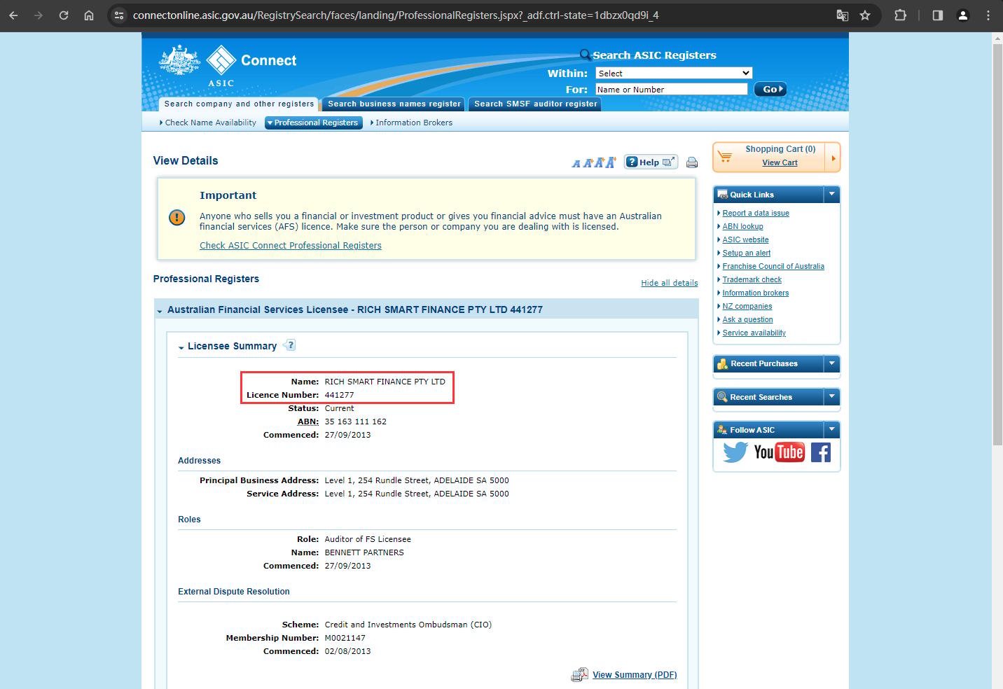 The regulatory information of 'RS Finance' by the Australian Securities and Investments Commission (ASIC)