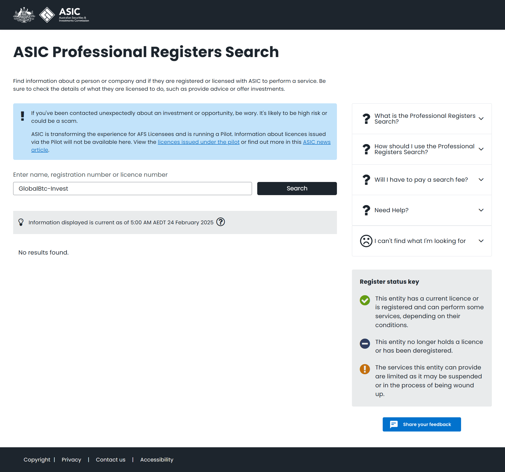Australian Securities & Investments Commission（ASIC）Official Website