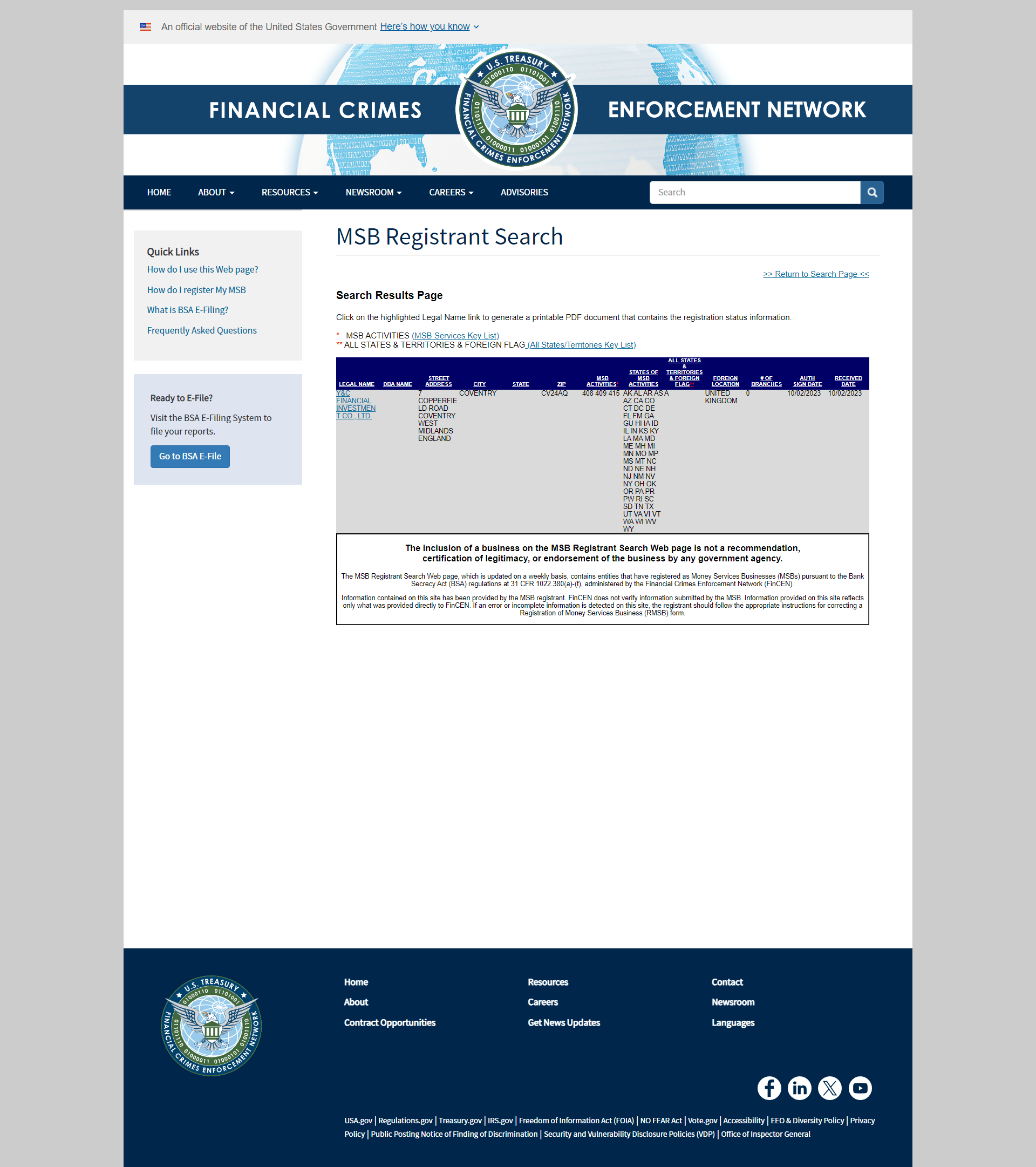 U.S. Department of the Treasury’s Financial Crimes Enforcement Network（FinCEN）