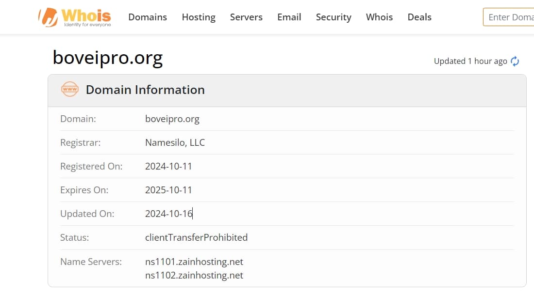 whois domain time of BoveiPro