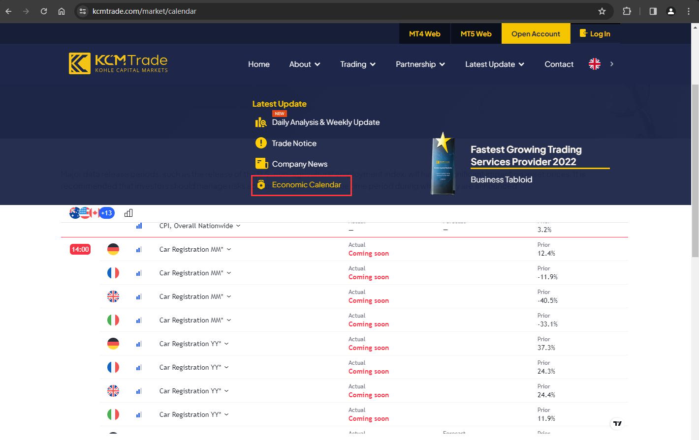 The official website displays other service information