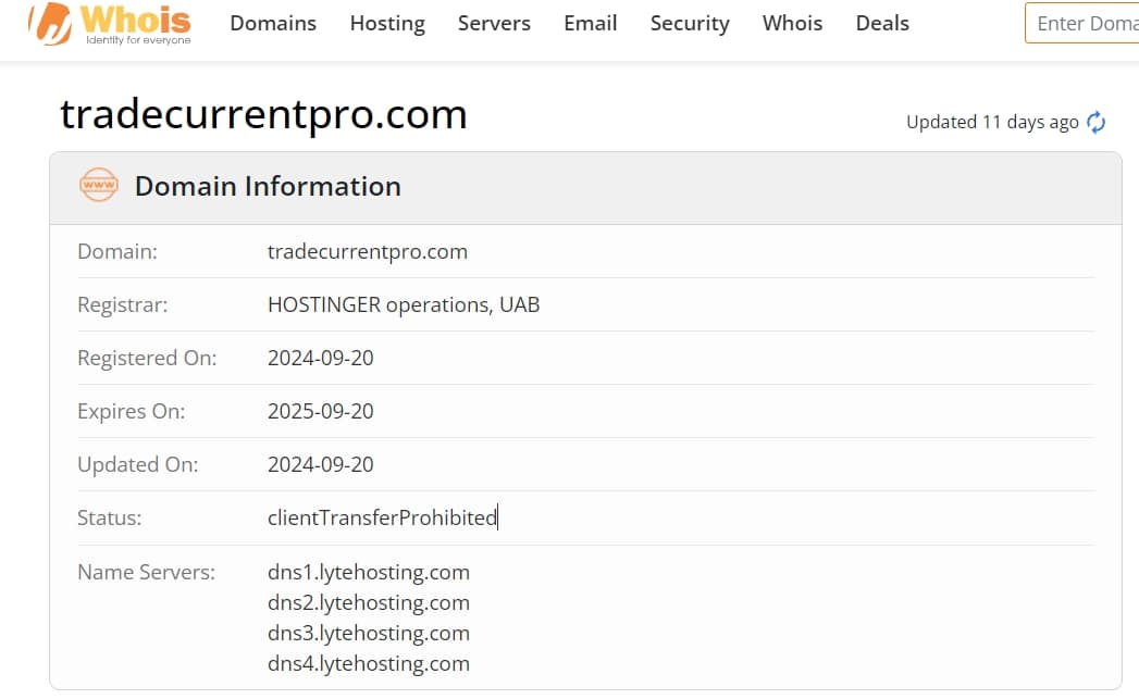 whois domain time of Trade Current Pro