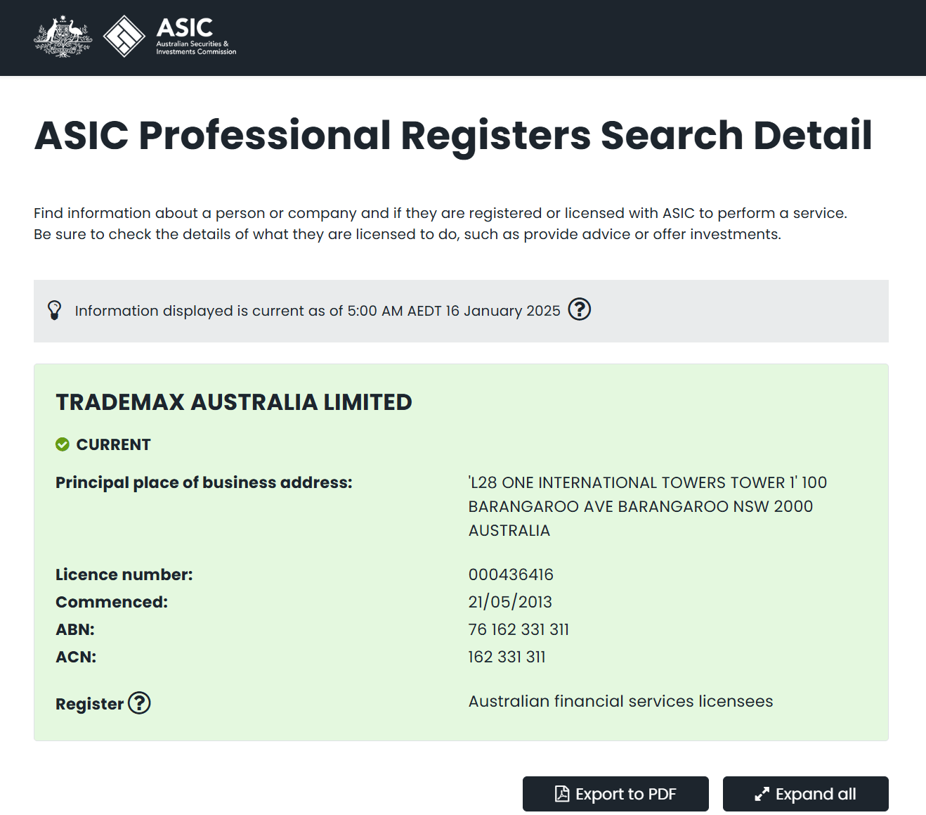 Australian Securities & Investments Commission（ASIC）Official Website