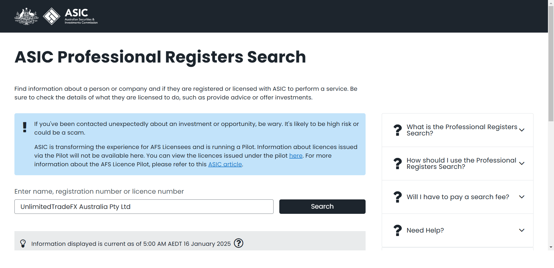 Australian Securities and Investments Commission（ASIC）Official Website
