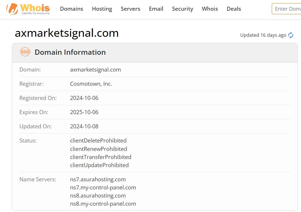 whois domain time of Axmarketsignal