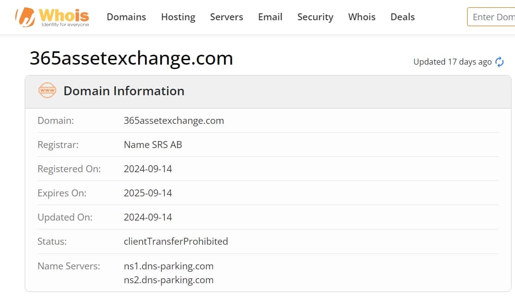 whois domain time of 365assetexchange