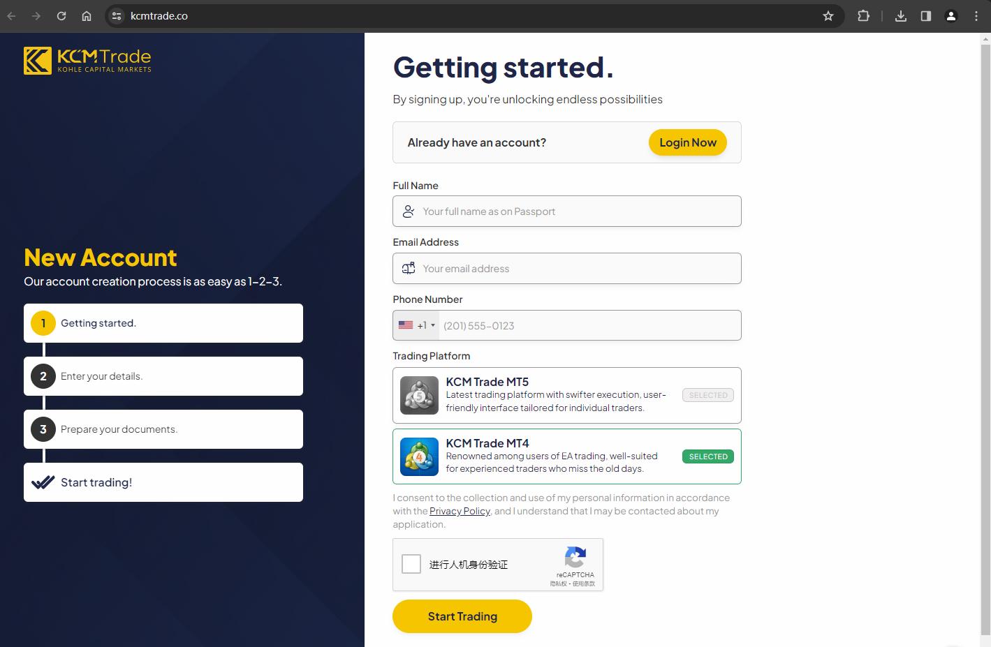 The official website displays account registration information