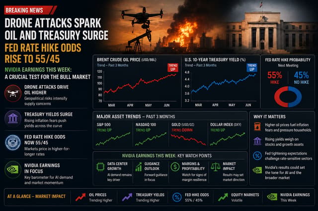 Drone Attacks Trigger Oil and Bond Spikes as Fed Hike Odds Hit 50-50 Ahead of Nvidia Earnings