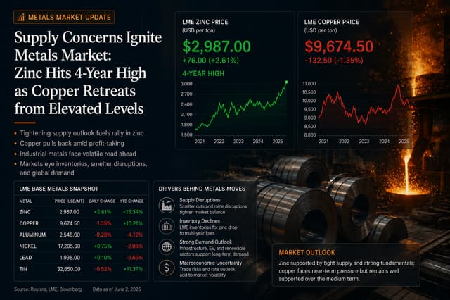 Supply Fears Ignite Metal Markets: Zinc Hits Near 4-Year High While Copper Retreats