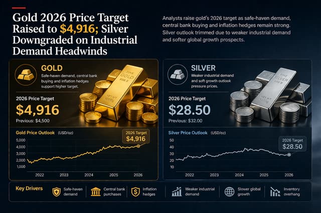 Gold 2026 Price Target Raised to $4916 as Silver Downgraded on Industrial Weakness