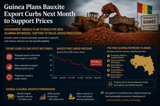 Guinea to Restrict Bauxite Exports Next Month to Support Prices and Announces 5 New Alumina Refineri