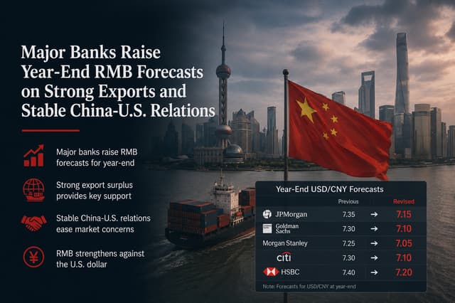 Global Investment Banks Upgrade RMB Forecasts Citing Strong Export Surplus and US-China Stability